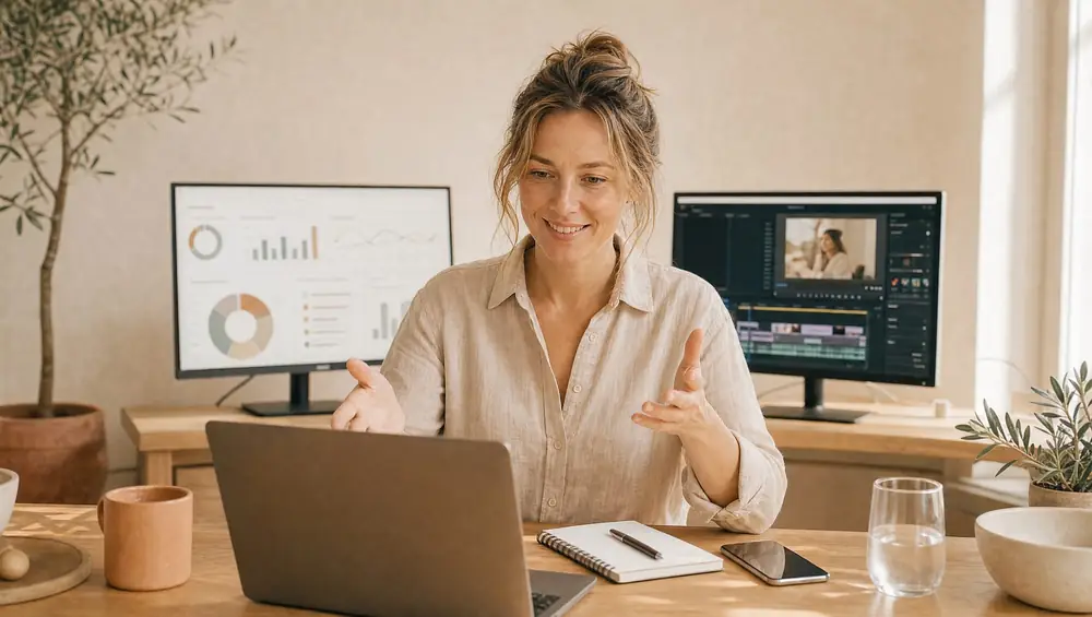 Symbolbild: Frau am Schreibtisch mit zwei Monitoren, Analyse-Dashboard und Videoschnitt