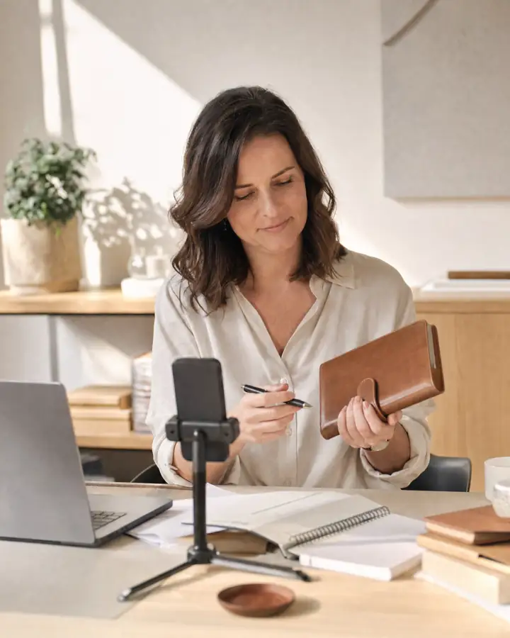 Symbolbild: Frau mit Notizbuch am Schreibtisch, daneben Laptop und Smartphone auf dem Stativ