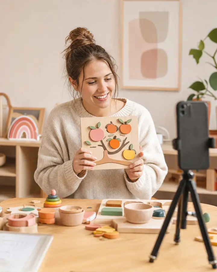 Symbolbild: Frau zeigt zu Hause eine bunte Bastelarbeit in die Smartphone-Kamera auf einem Stativ