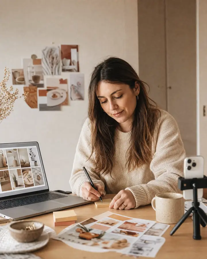 Symbolbild: Frau plant Content mit Moodboard, Laptop und Smartphone auf dem Stativ
