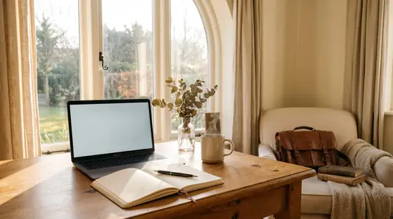 Symbolbild: Heller Arbeitsplatz am Fenster mit Laptop und Notizbuch