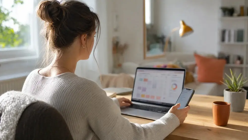 Symbolbild: Frau arbeitet am Laptop mit Auswertungen zu Social-Media-Kanälen