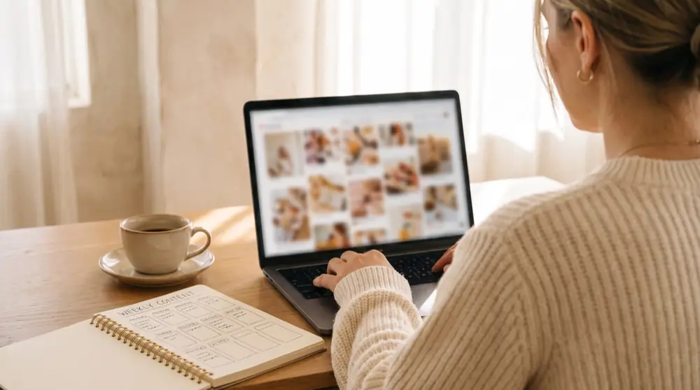 Symbolbild: Frau arbeitet am Laptop mit Bildplanung für Social-Media-Kanäle