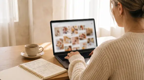 Symbolbild: Frau arbeitet am Laptop mit Bildplanung für Social-Media-Kanäle