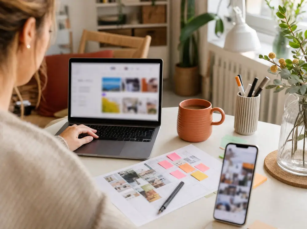 Symbolbild: Laptop mit Content-Planung, Moodboard-Ausdrucken, Haftnotizen und Smartphone auf einem Schreibtisch