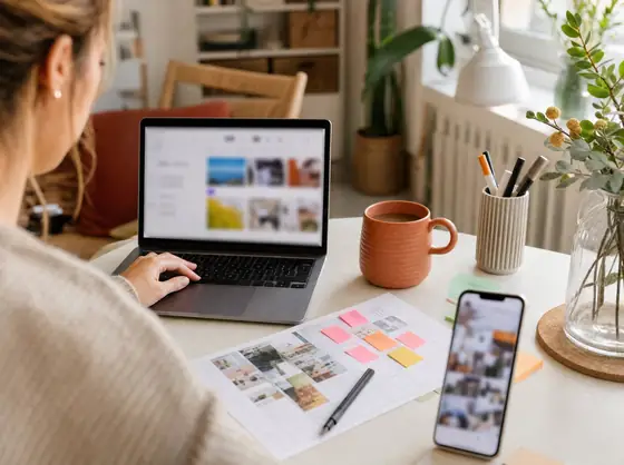 Symbolbild: Laptop mit Content-Planung, Moodboard-Ausdrucken, Haftnotizen und Smartphone auf einem Schreibtisch
