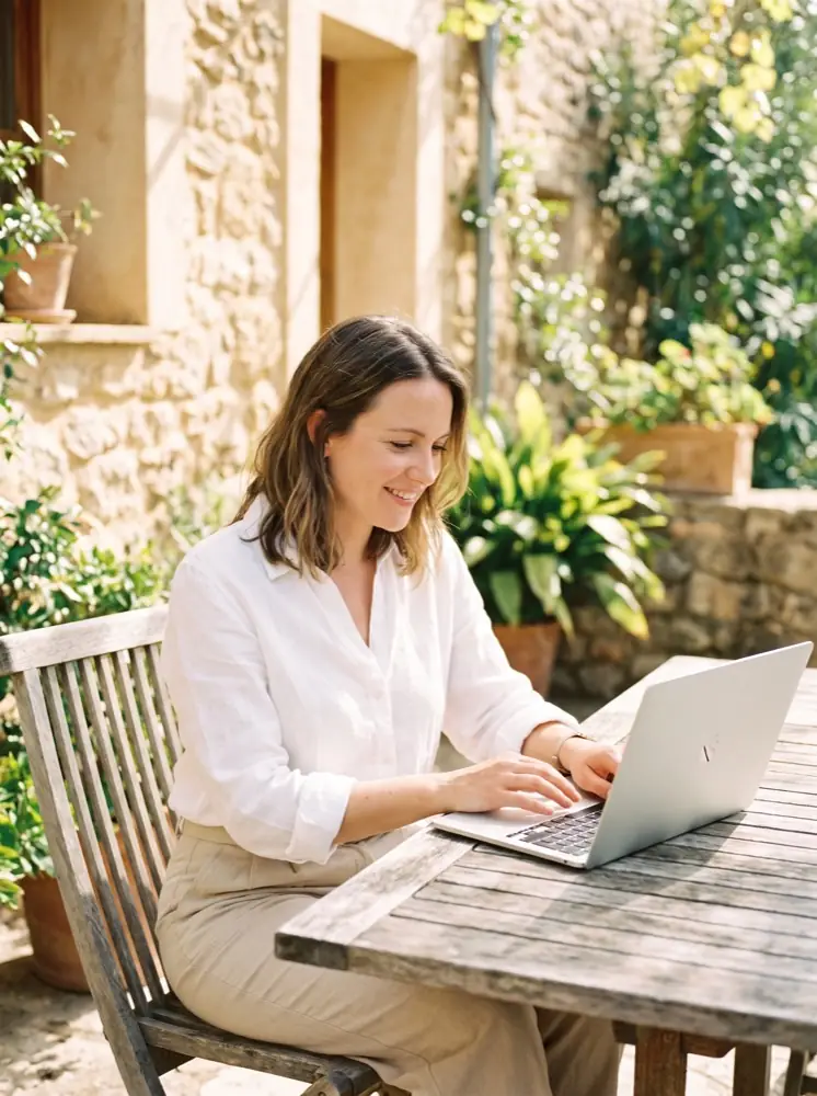 Symbolbild: Frau arbeitet auf einer sonnigen Terrasse am Laptop