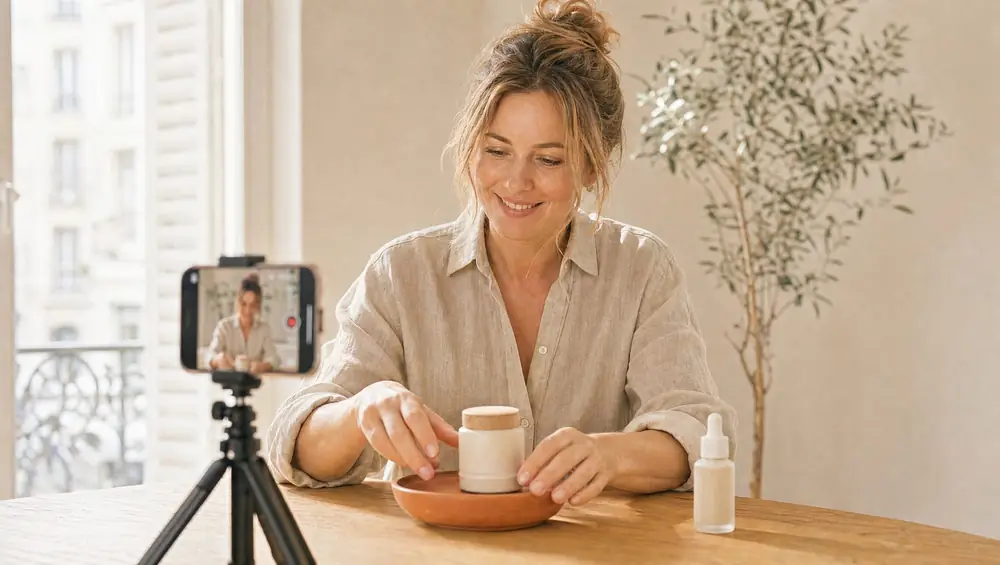 Symbolbild: Frau dreht an einem Holztisch mit dem Smartphone auf dem Stativ ein Video von einem Produkt