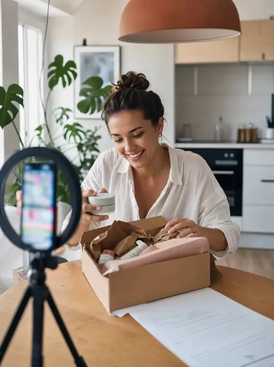 Symbolbild: Frau packt vor einem Ringlicht mit Smartphone ein Paket aus – ein Unboxing-Video für eine Marke