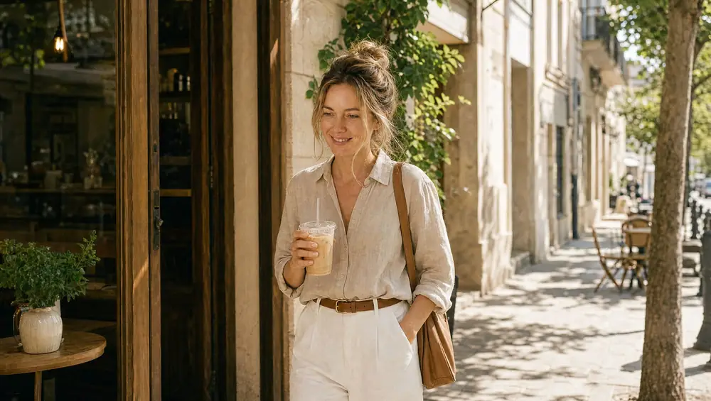 Symbolbild: Frau geht mit Kaffee und Tasche durch eine sonnige Straße