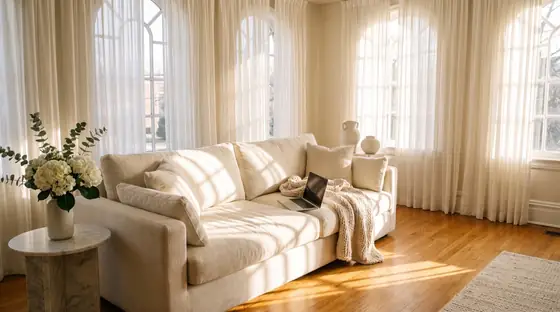Symbolbild: Helles Wohnzimmer mit Sofa – ein ruhiger Arbeitsplatz für Aufträge von zu Hause